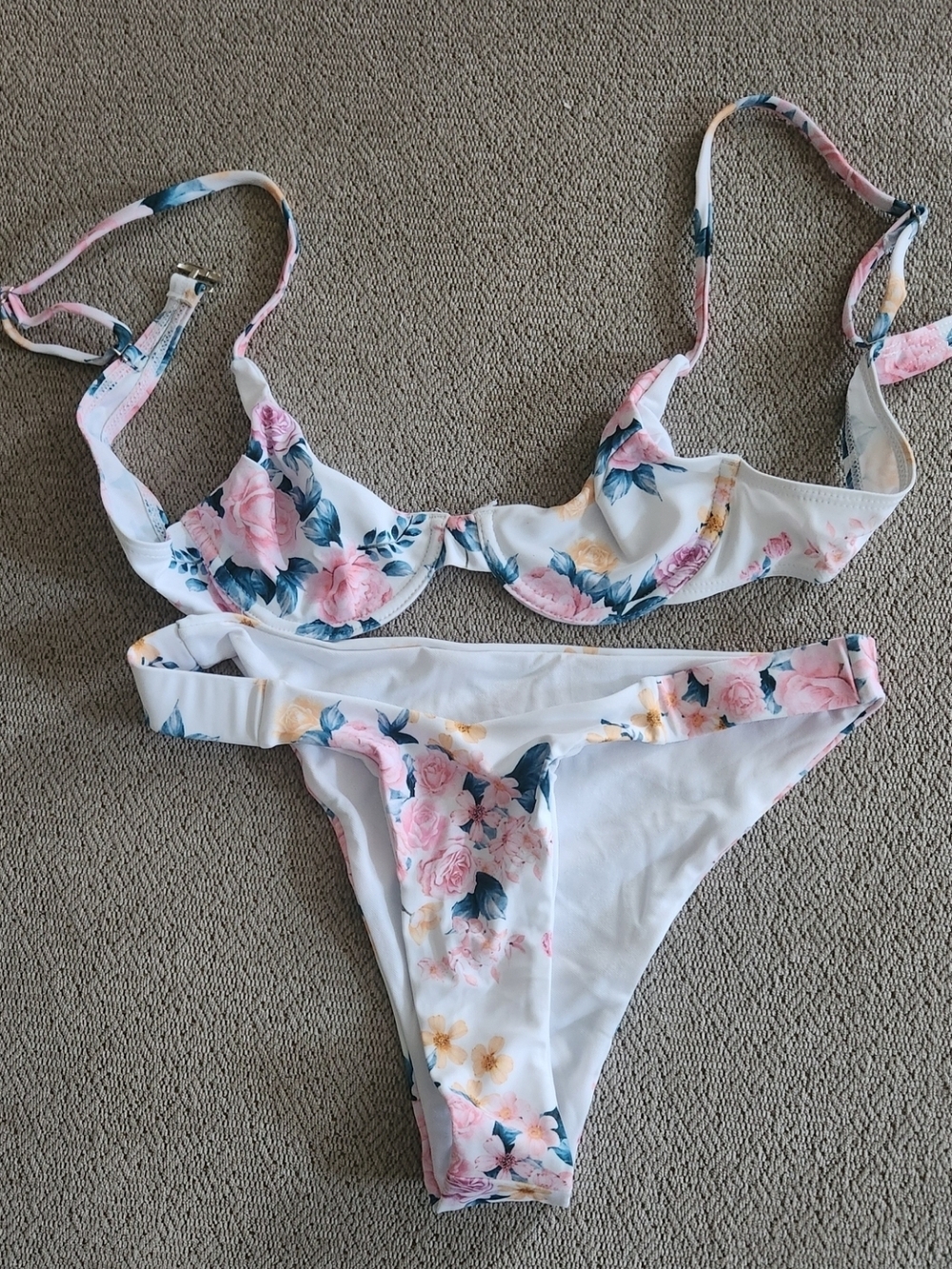 NEW SHEIN White Floral Underwire Bikini with Pink & Teal Accents